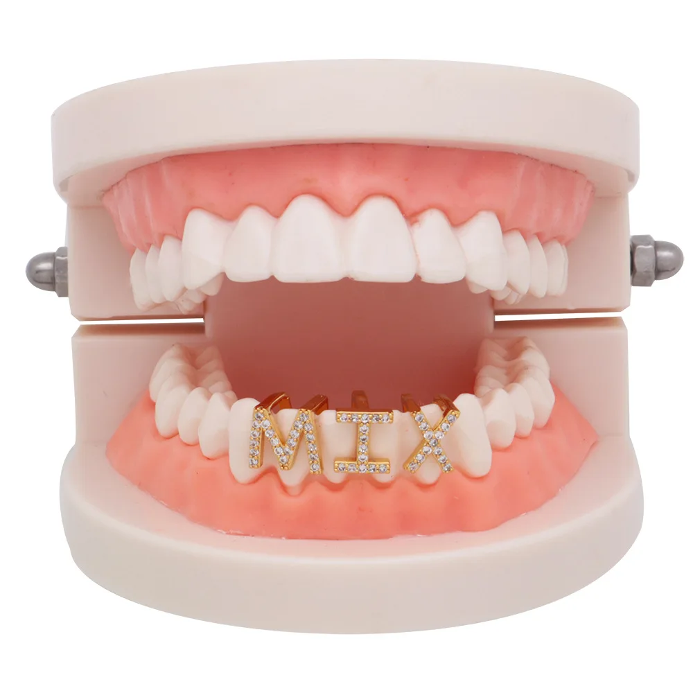 Letter Captital Alphabet Copper Alloy Dental Part Jewelry Single Mouth Grills Teeth Ice Out Grillz Hip Hop  For Teeth