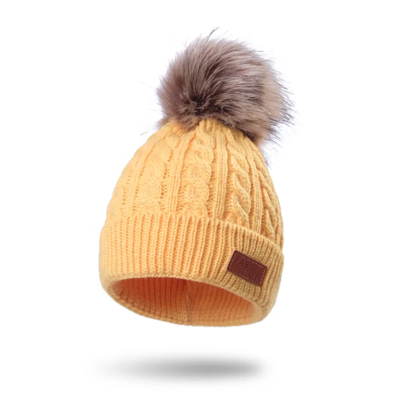 100% Acrylic Red and blue  yellowCable Knitted Beanie With Pom Pom