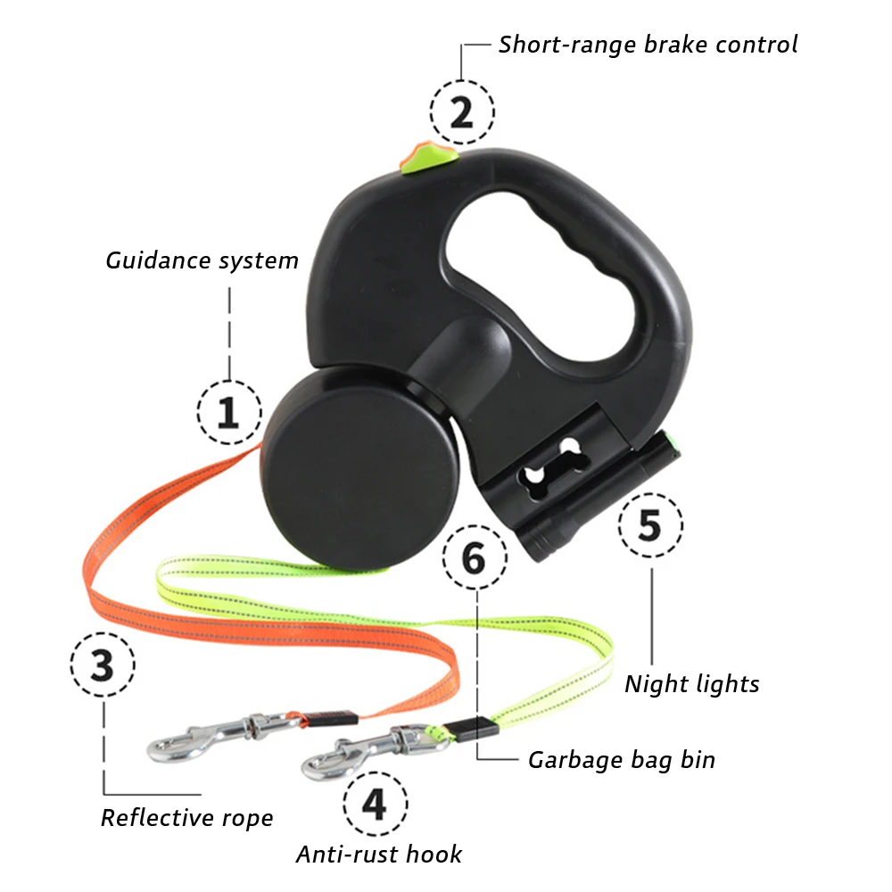 3 in 1 Portable Automatically Retractable Dog Leash Double-headed LED Pet Traction Leash With Poop Bag Dispenser