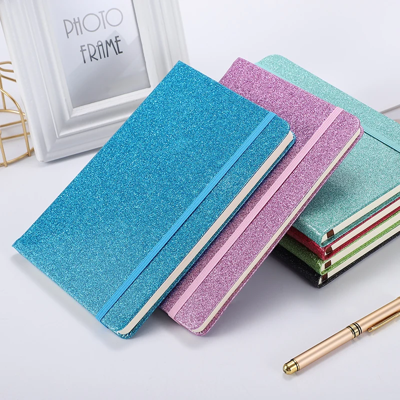 new design bright PU leather cover notebook A5 shine line pages diary flash color notebook with elastic strap  for stock