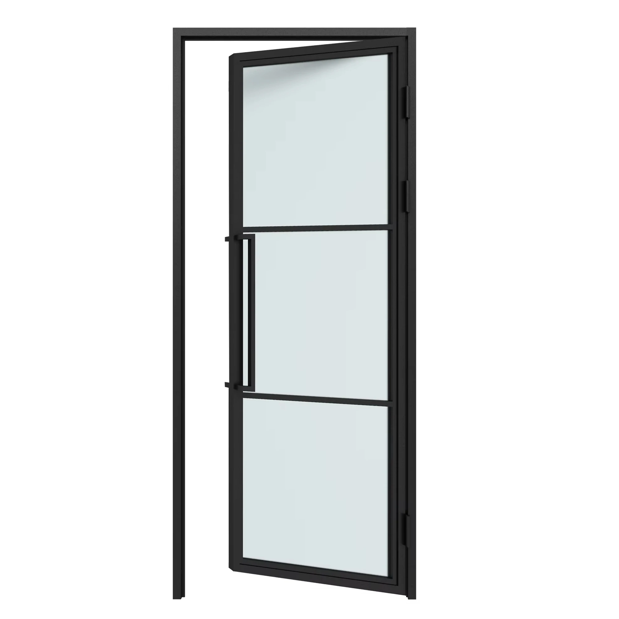 French Interior 3 Lites Hinged Swing Black Steel Frame Tempered Clear Glass Barn Door