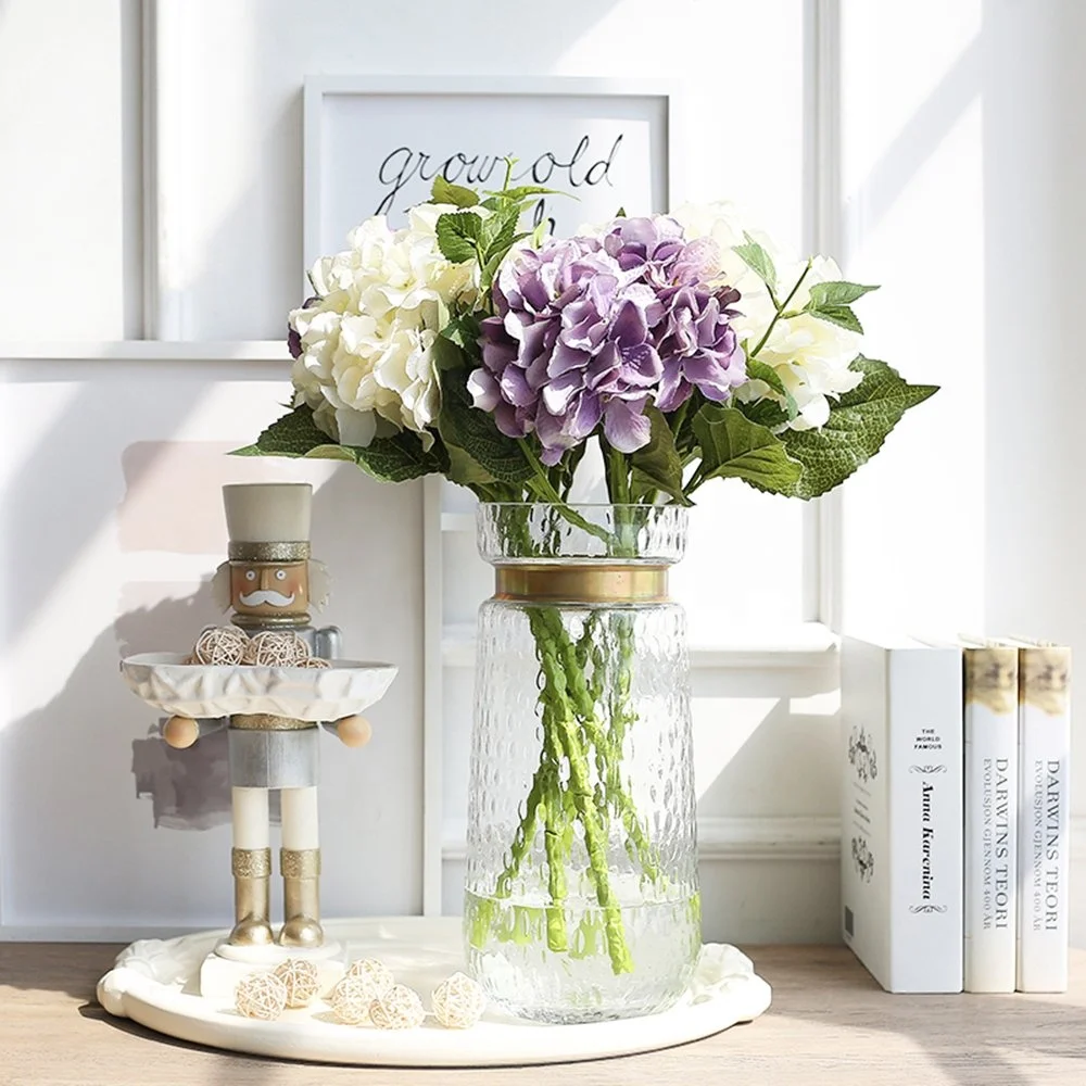 
Cylinder Clear Hammered Glass Flower Arrangement Vase Brass Gold Band Decor Dining Table Centerpieces Gifts for Wedding 