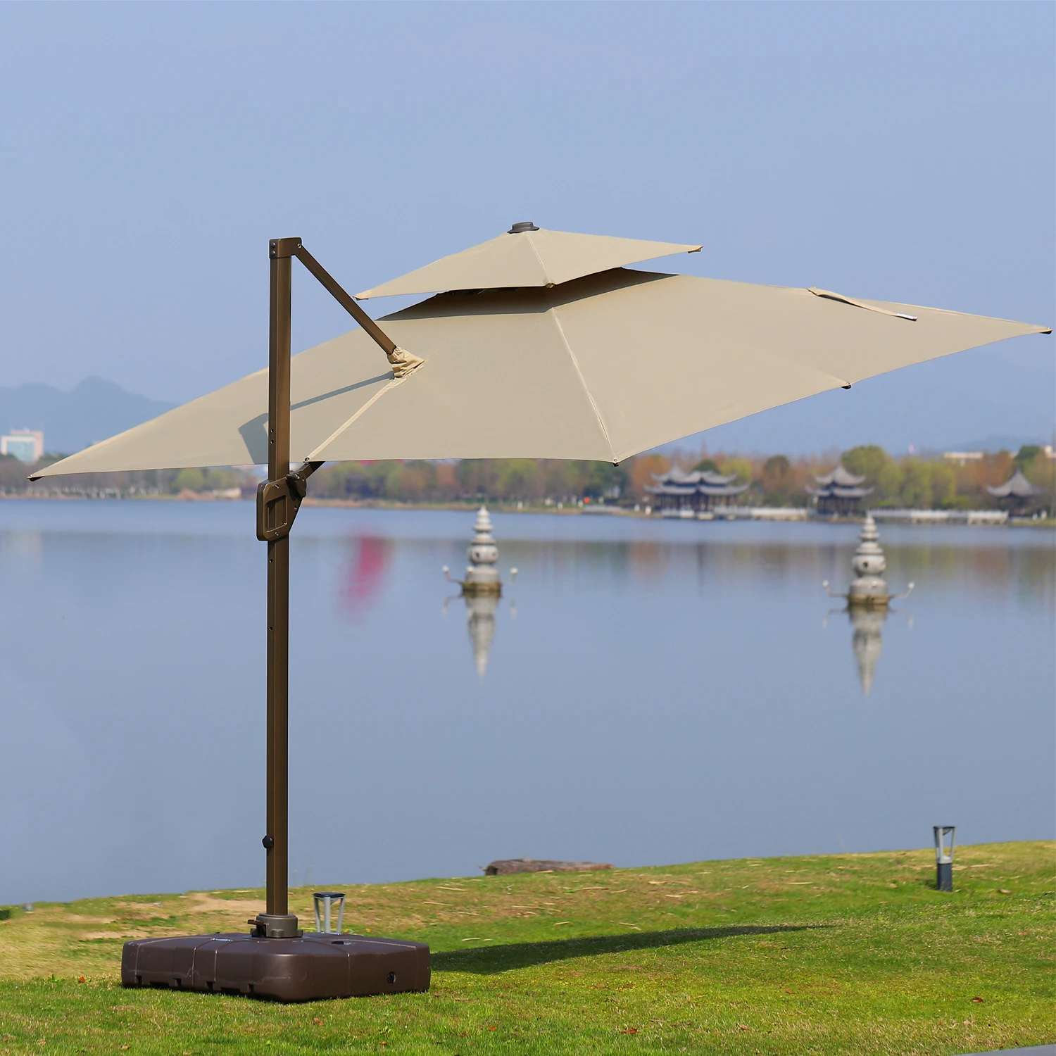 Uplion Big Roma umbrella  Double Top Garden patio Umbrella Aluminum Side Pole with Crank Cross Base Waterproof UV Protection