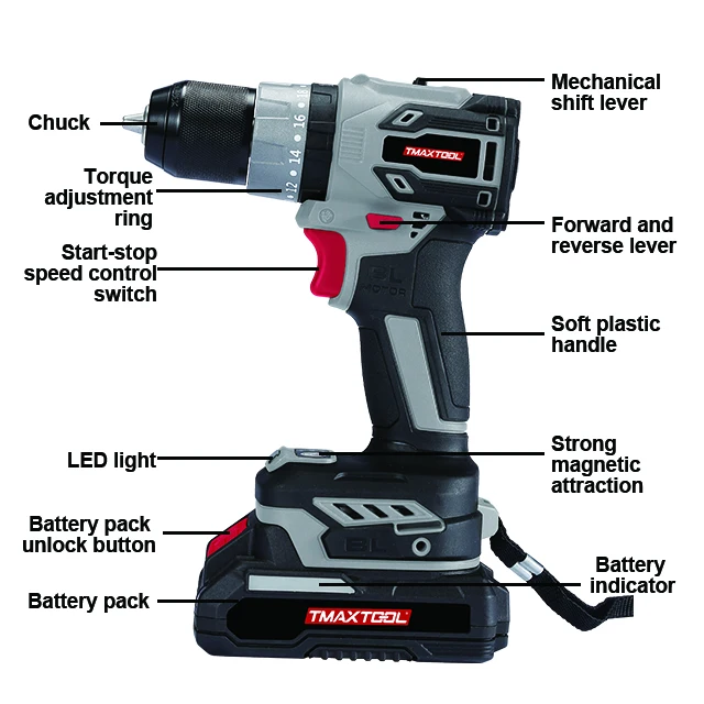Household Model Power Tools 21V Self-Locking Collet Screwdriver Three Functions Lithium Battery Brushless Electric Drill