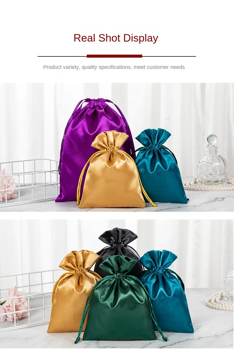 Custom Multicolor Satin Jewelry Drawstring Bag Dustproof Storage Bag for Wig Piece and Silk Bundle for Factory Gifts