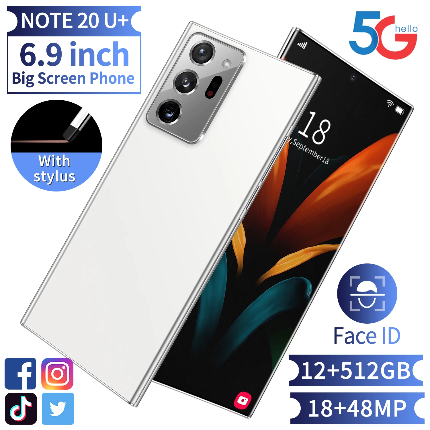 Factory Supply Mobile Phones Note20U 4G 5G Android 12GB + 512GB Face/Fingerprint Unlock Smartphone Gaming Cellphones