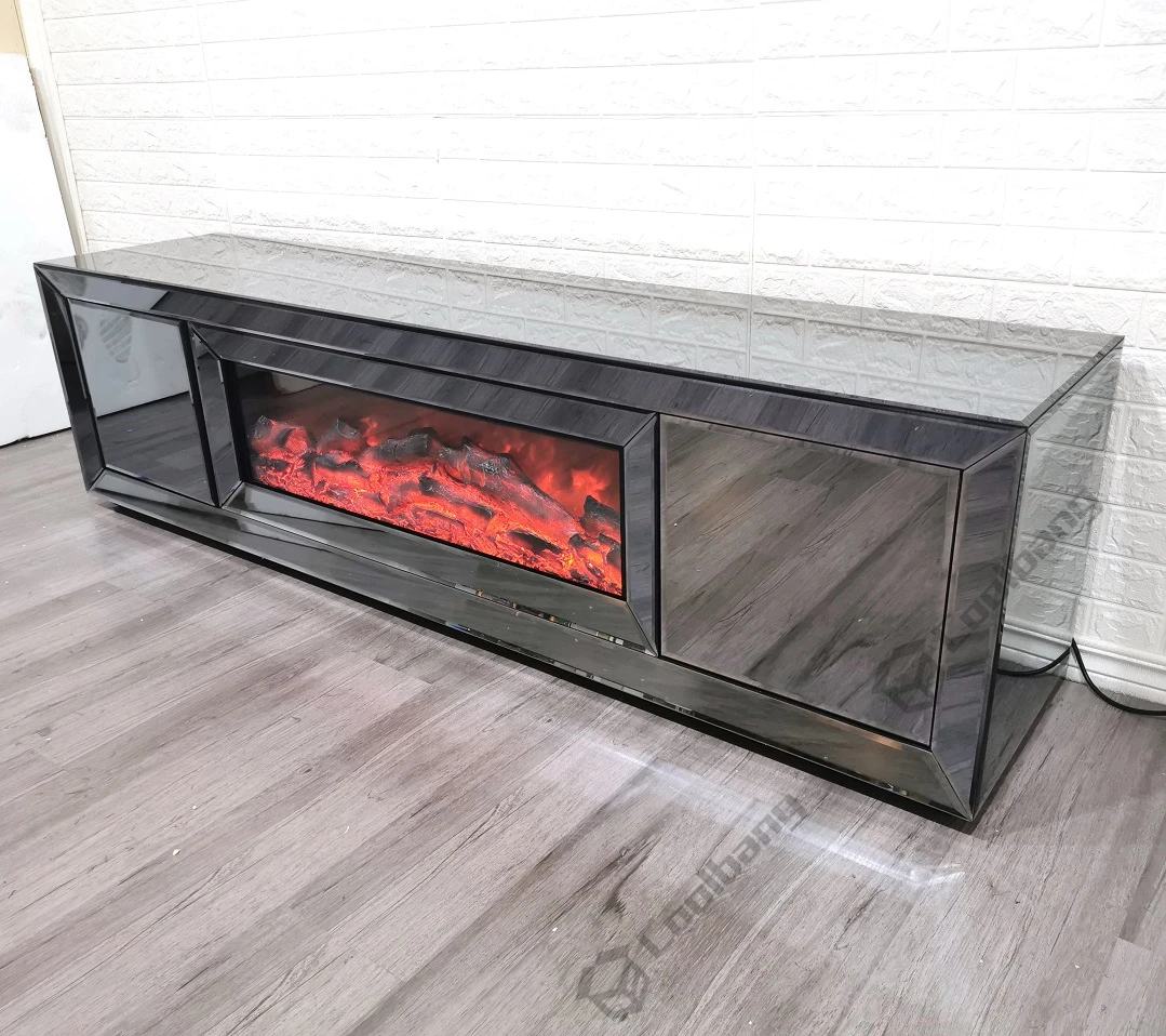Large Mirrored Furniture Smoke Grey Glass TV Stand with Electric Fireplace