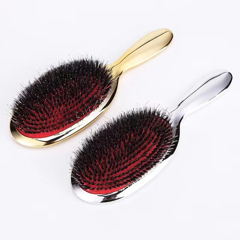 Luxury Gold And Silver Color Boar Bristle Paddle Oval Hair Brush Anti Static Hair Massage Hair Extension Brush And Comb