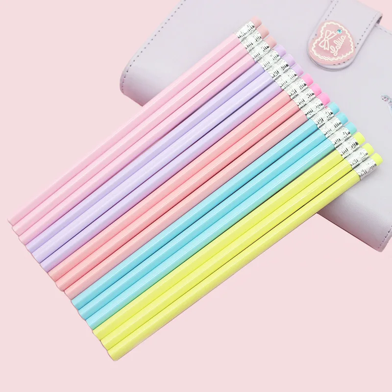 Pencil Wholesale Macaron Triangle rod Bright basswood with eraser head sketch drawing pen Learning stationery hb pencil