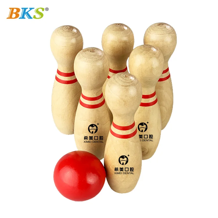 Eco-Friendly Wooden Bowling Set Custom Logo Promotional Gifts Travel Game in Bag Six Wooden Pins 1 Red Wooden Bowling Ball