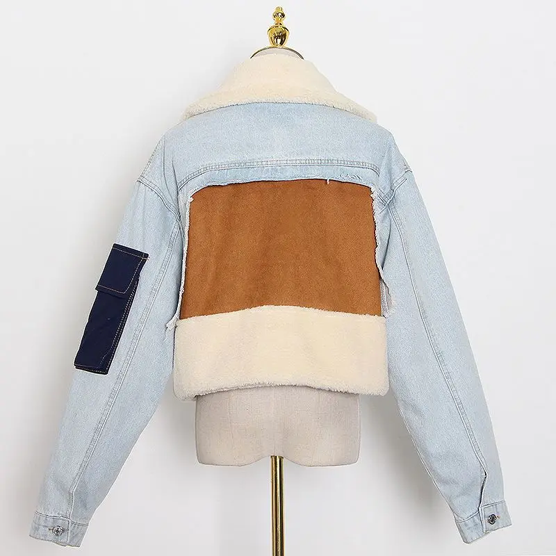 2021  Women Faux Fur Coat Wholesale winter warm Patchwork Lambswool Denim Jacket