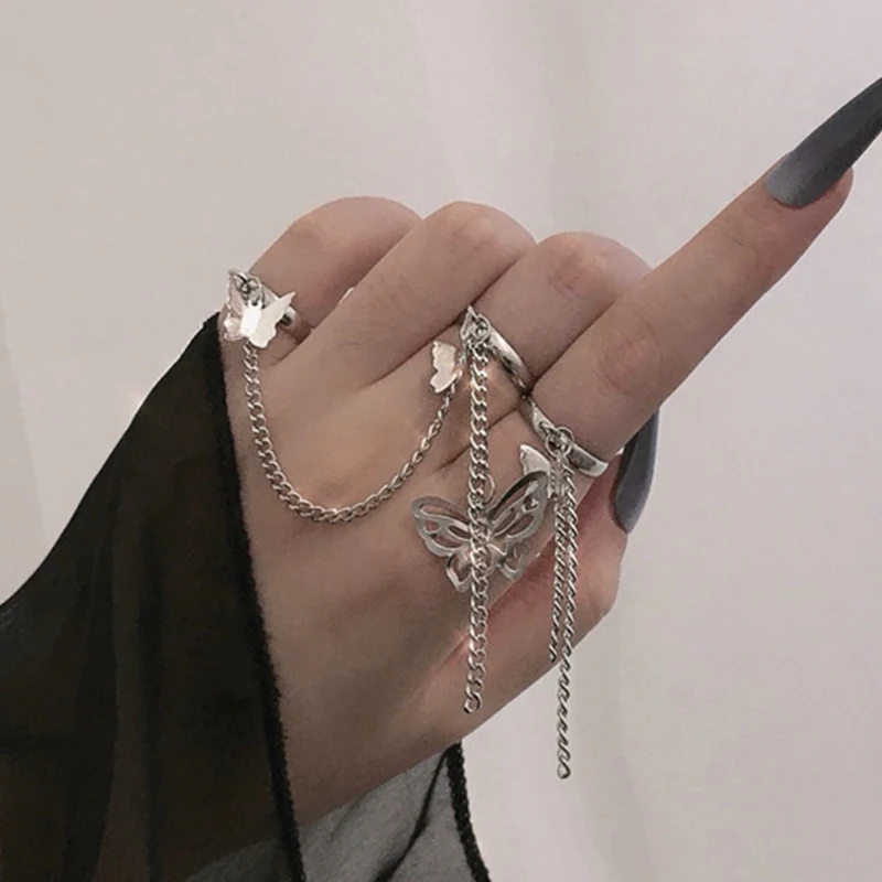 Punk Cool Hip Pop Butterfly Cross Rings Multi-layer Adjustable Chain Four Open Finger Alloy Women Rotation Rings