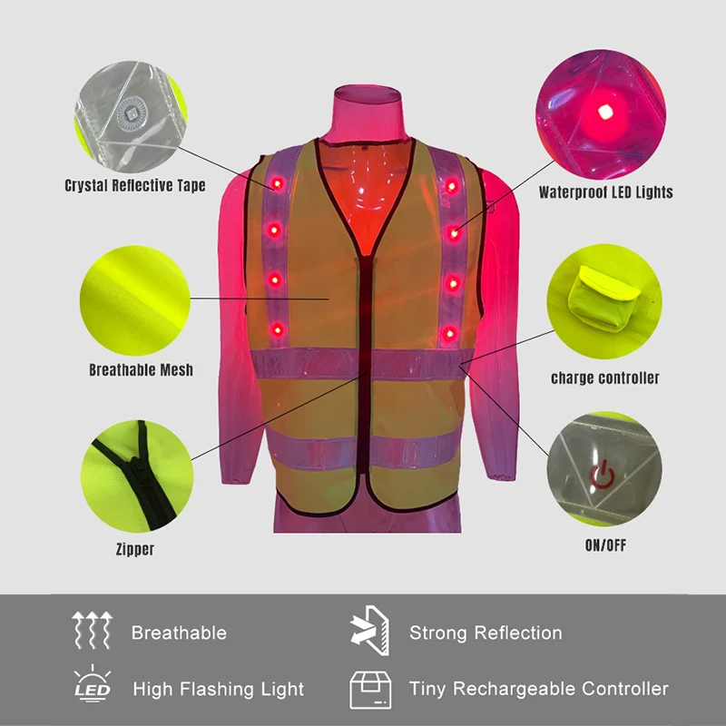 Customizable construction luminous gear reflector vests reflective jacket with lights led safety vest