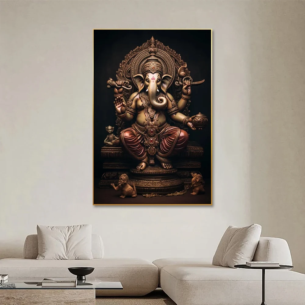 Large Panoramic Ganesh Wall Art Hindu Glass Printing Decor Tempered Glass with Canvas Base for Home Decoration