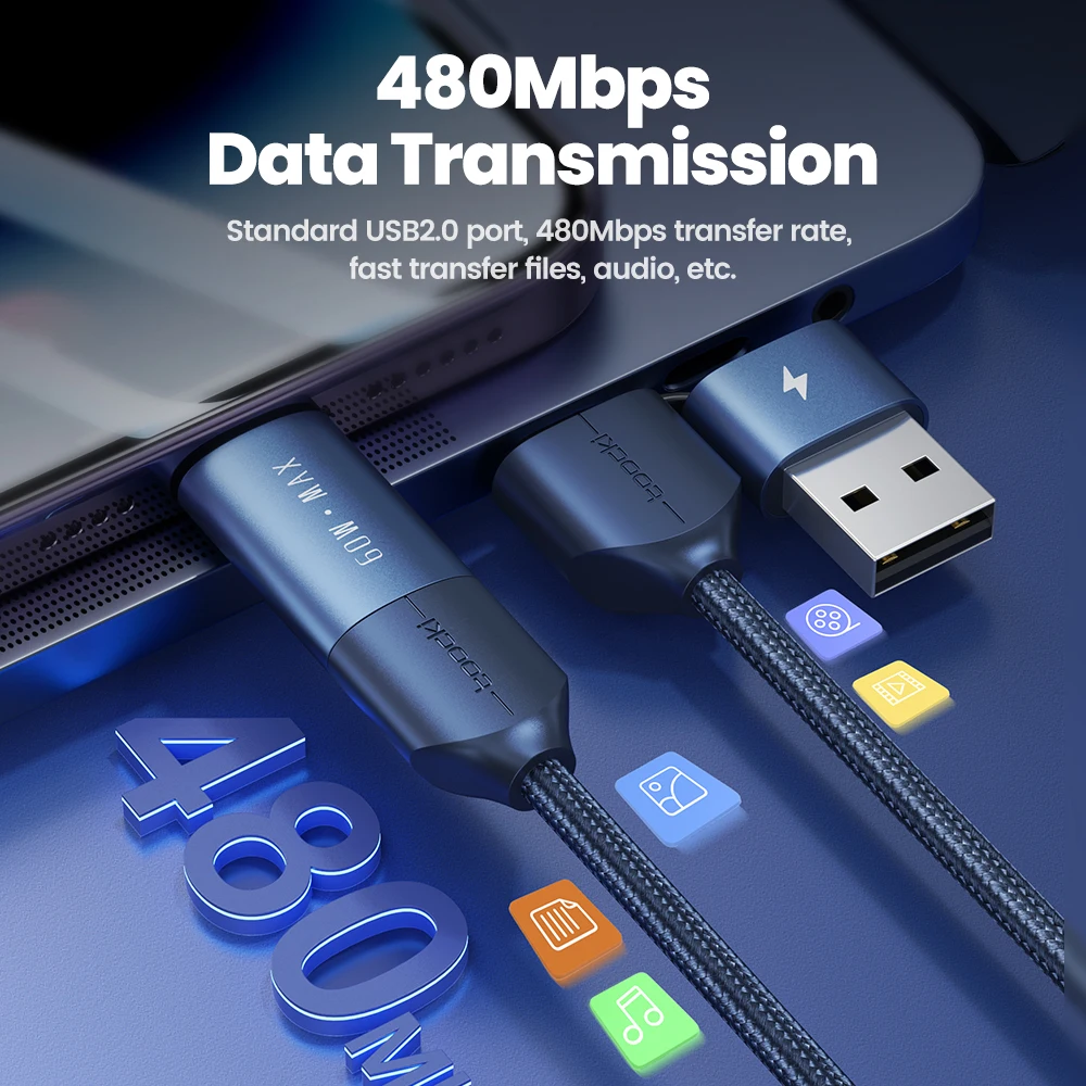 Toocki 4 in 1 usb cable quick charge 60W 6A/3A/2.4A 1M/2M for iphone android type c 3in1 charging cable