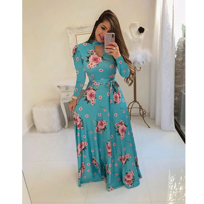 CYX004 Autumn New Design Long Sleeve Floral Print High Collar Women Beach Maxi Long Casual Dresses