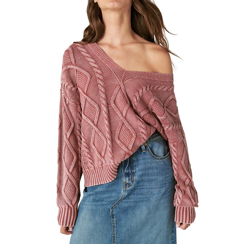 knitwear manufacturer Custom OEM & ODM Acid Wash Sweater women cable knit Jumper long sleeve women custom knit sweater