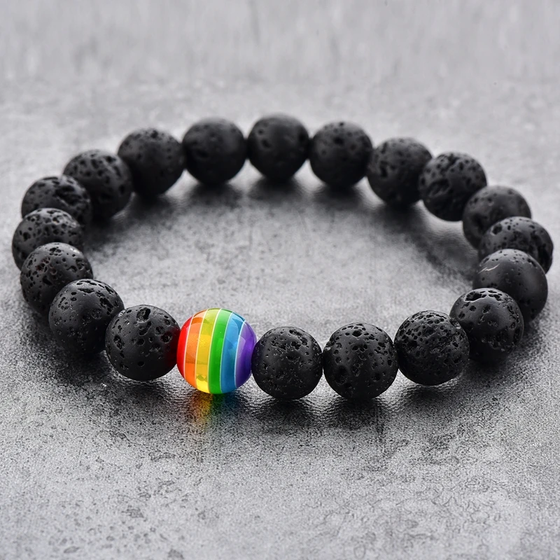 Hot Selling Resin Beads Beaded Lava Stone Bracelet ,Rainbow Color Gay Pride Bracelet