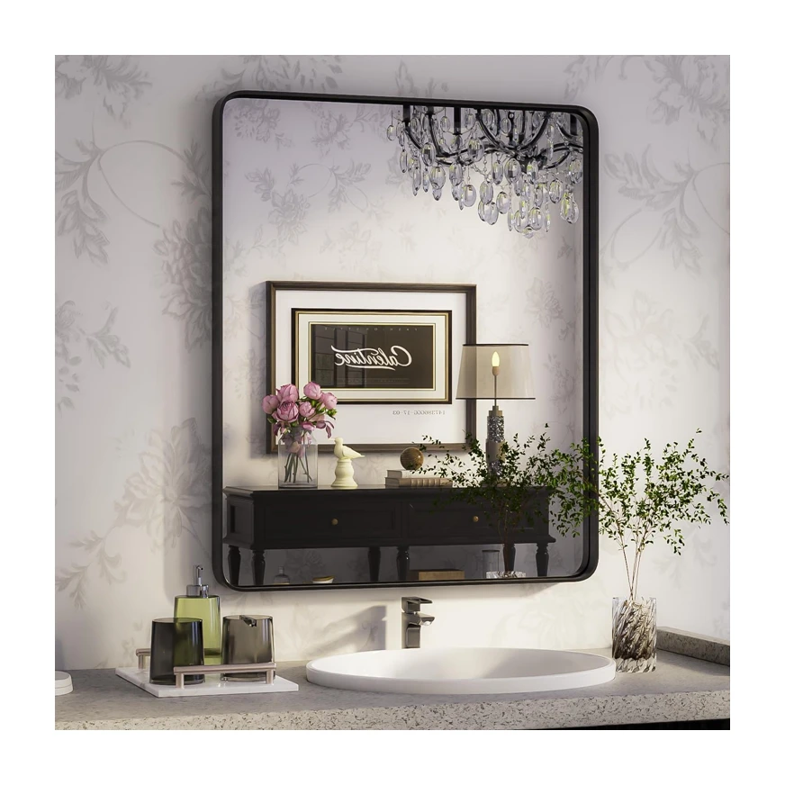 Glamourous Reflection aluminum frame mirrors square Black toilet mirror in bathroom