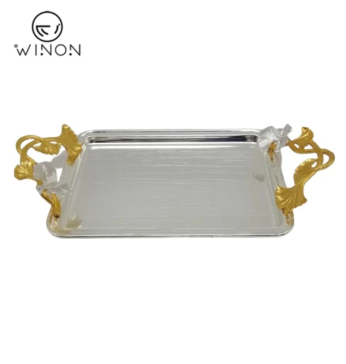 Luxury Household Hotel Golden Plated iron 11 inch Serving Trays with handle
