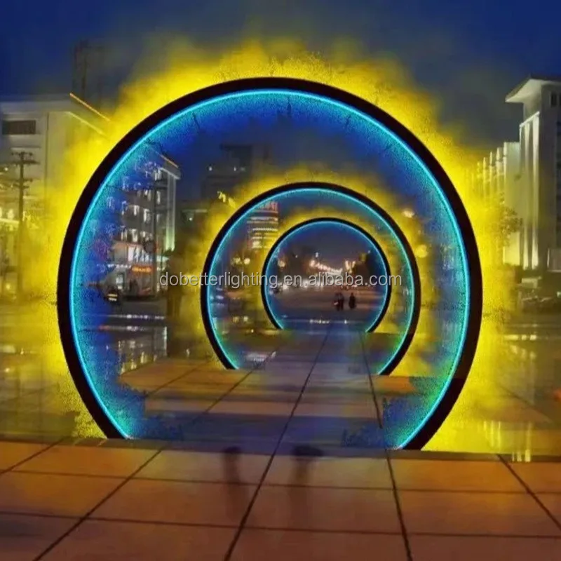 smart Led outdoor decorated Water fog moon /arch /round shape mist tunnel  arch 3D motif lights