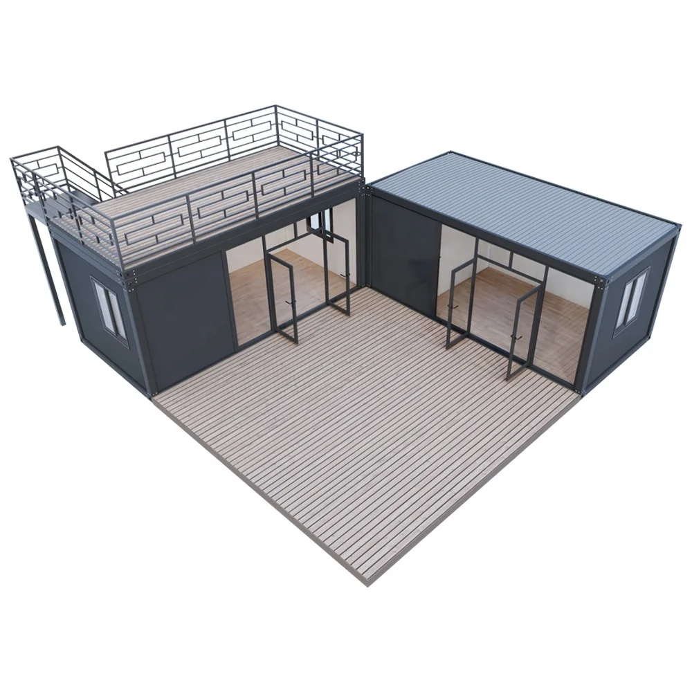 Garden combination container house, optional with floor to ceiling glass and guardrail platform