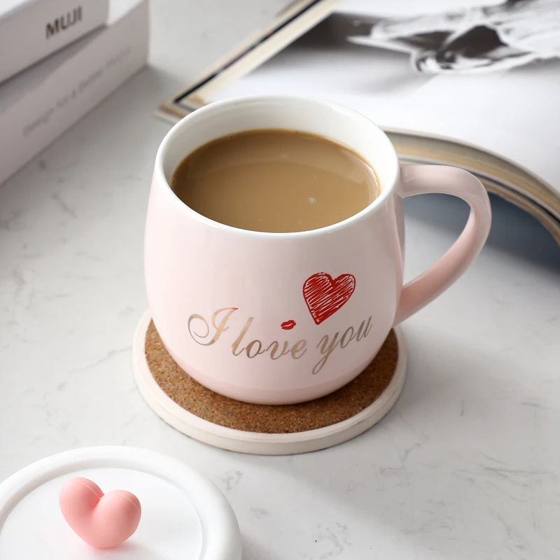 Mug pink cute Ceramic Mug with lid heart porcelain Cup with custom logo