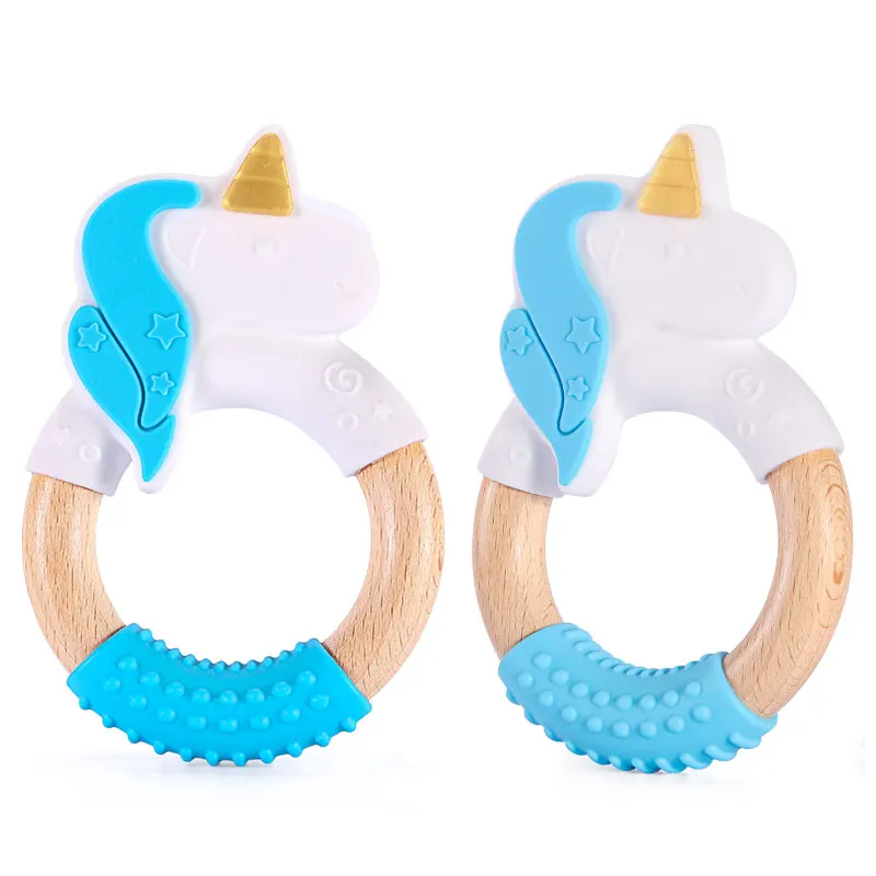 
New Creative Kids Toys Non-Toxic Wooden Ring Teething Silicone Unicorn Baby Teether 