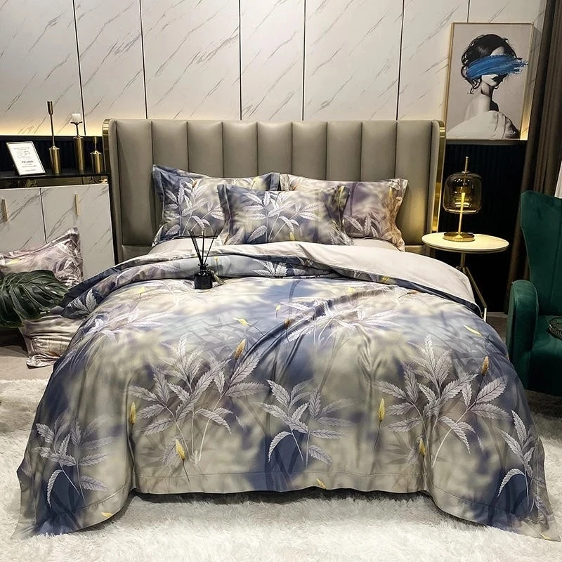 1000 TC Egyptian Cotton Soft Silky Bedding Set 3D Digital Printing Oil Painting Leaves Marble Abstract Art Duvet Cover Bed Sheet