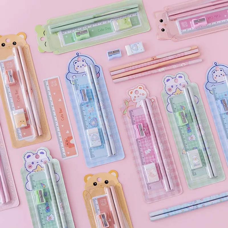 2024 Hot Sale Five Piece Stationery Set Children Birthday Gift Cute Kawaii Set Wholesale Ruler Rubber Pencil Sharpener