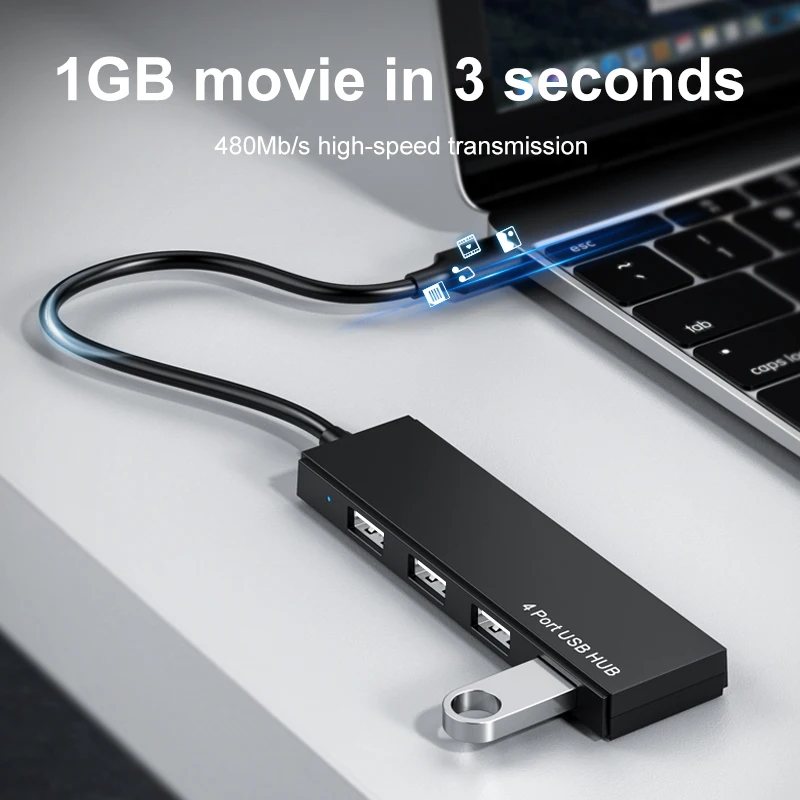 Light Portable Black ABS Case Mini USB Hub 2.0 USB Port Docking Station 480Mbps Transfer Rate for Macbook Laptop