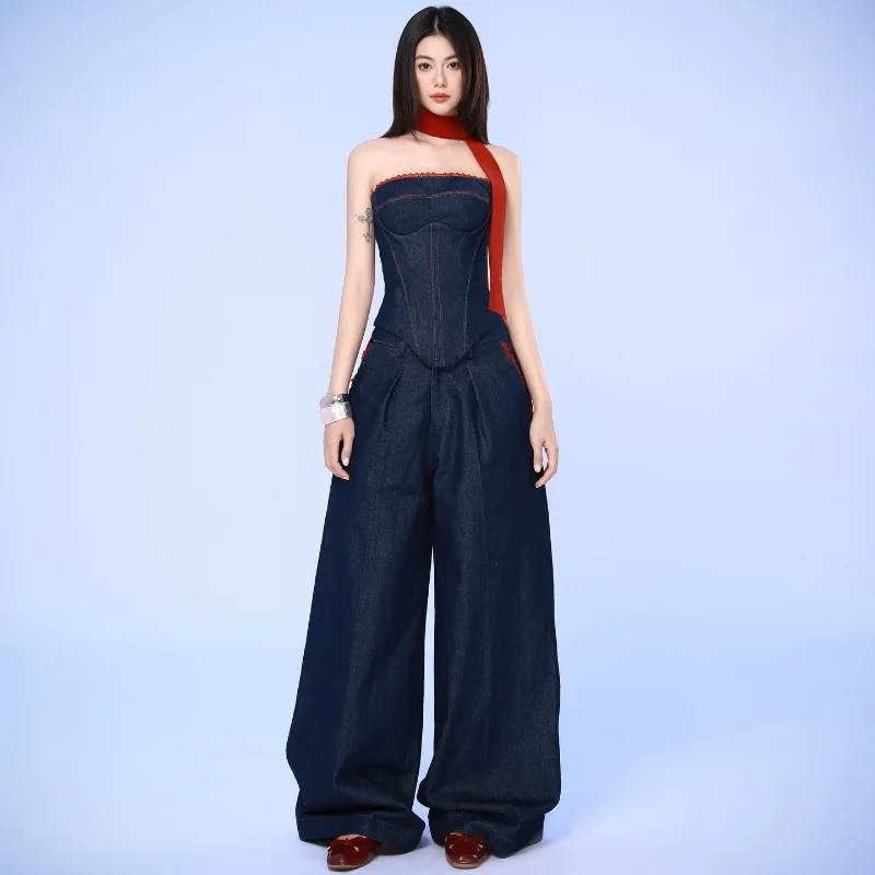 2024 Autumn new fashion personality Denim tube top vest women loose-fitting wide-leg trousers suit