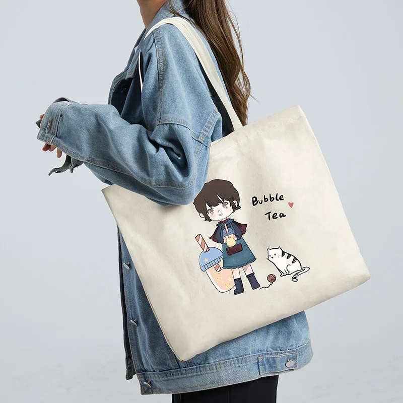 Color Printing Double-sided Canvas Tote Bags Reusable Cotton Linen Shopping Grocery Storage Handbags