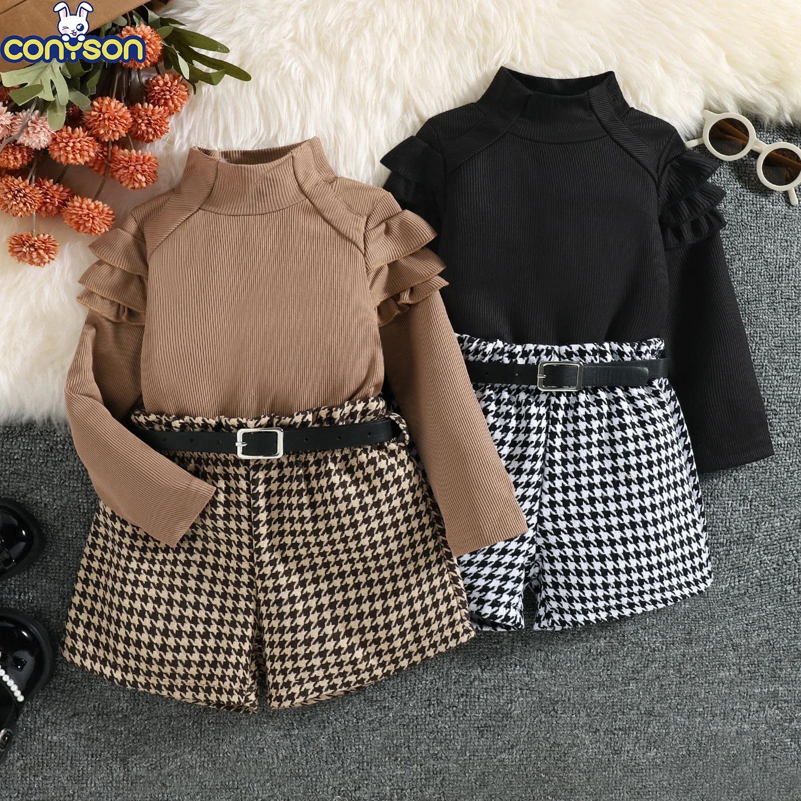 Conyson Winter Hot Sale Children Clothes Knit Long Sleeve Korean Autumn And Winter 2 Pieces High Collar Strip Knitted Girl Set