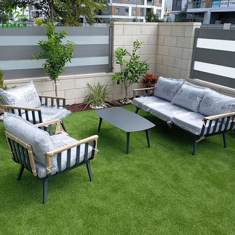 Waterproof 4 Piece Lounge Couch Beige Black Luxury Modern Aluminium Garden Patio Outdoor Sectional Sofa Set For Courtyard
