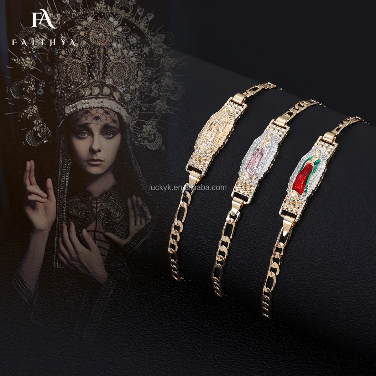 FB0286 латунные подвески с именем под заказ гуадалупы религиозные украшения позолоченные женские браслеты цепочкой «Фигаро» браслет Девы Марии