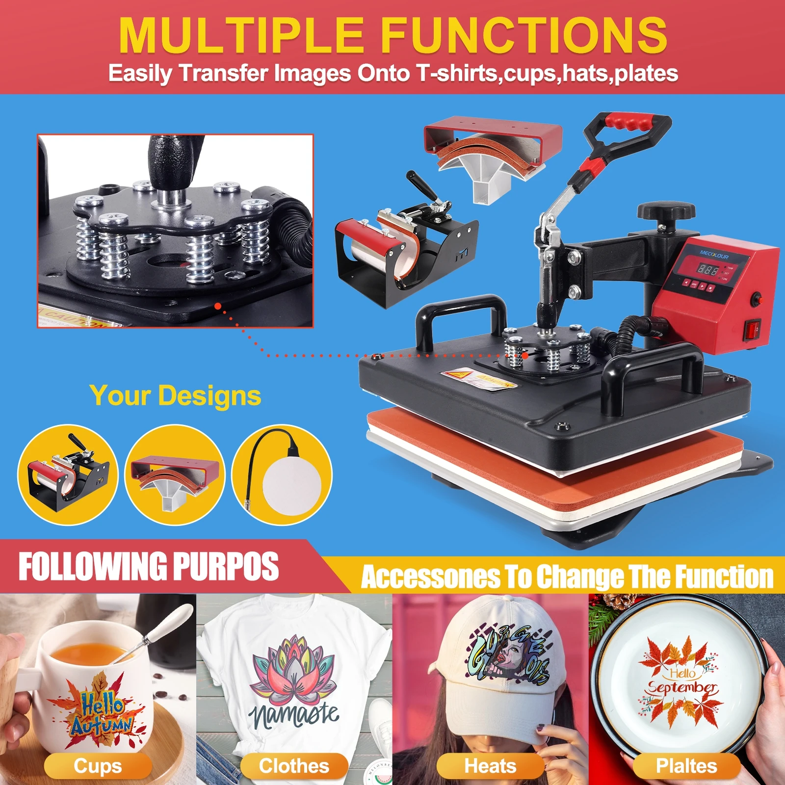 New Red 8 in 1 Combo Heat Press Machine Magic Mug Sublimation T-Shirt Printing