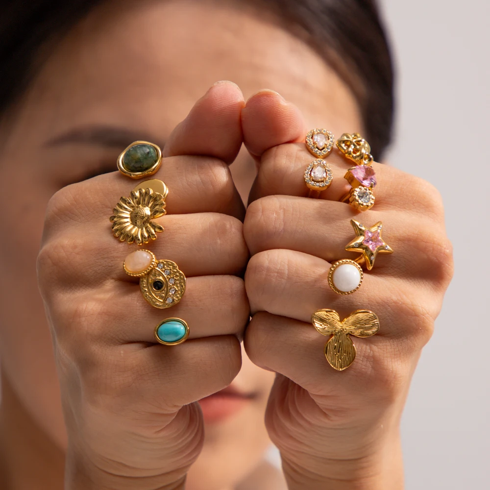 Cubic Zircon Eye Rings Stainless Steel Natural Stone Lava Flower Turquoise CZ Stone Open Rings