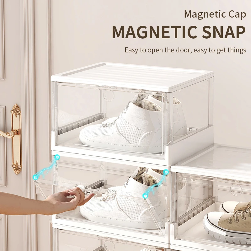 Wholesale Magnetic Stackable Shoe Storage Boxes Free Installation Foldable Plastic Transparent Sneakers Shoe Rack