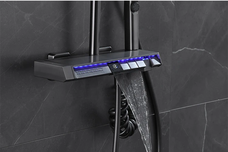 TikTok Hot Sale Piano Key LED Shower Set 5 Functions Brass Thermostatic Bathroom Shower Faucet Set