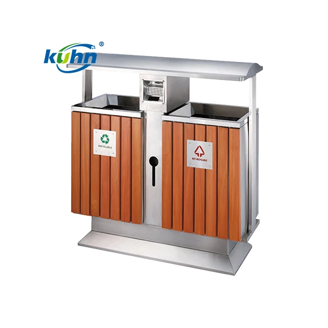 Outdoor street wooden Trash can 2 compartment Stainless steel recycle waste bin metal recycle bin dust bin