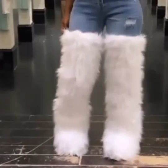 wholesale 2021 fashion fur over the knee wide calf thigh high platform  fur Super boots women