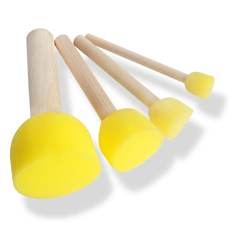 Hot selling 4pcs kids painting foam brush set yellow mushroom seal painting sponge brush with wooden handle