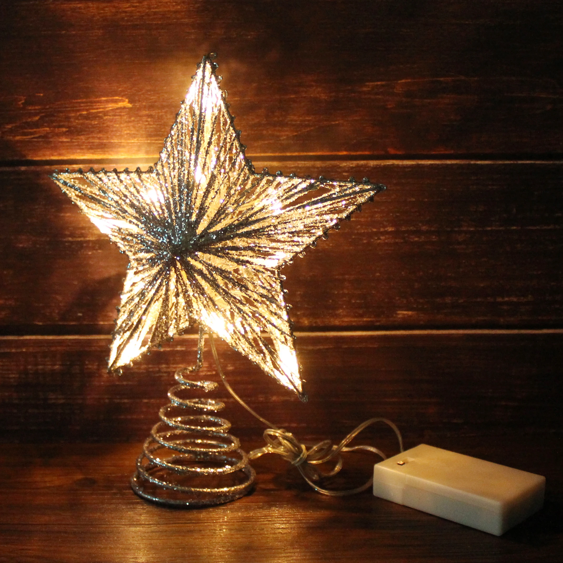 Silver Glittered 3D Tree Top Star with Warm White LED Lights and timer for Christmas Ornaments Decor