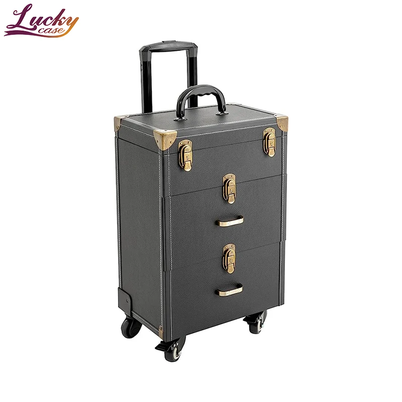 Fashion Design Leather 3 In 1 Trolley Makeup Organizer Case Large Capacity Travel Cosmetic Rolling Case With Lock