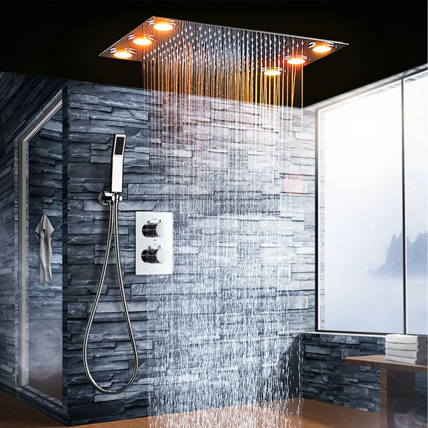 LED shower set Ceiling recessed rainfall shower system thermostatic valve