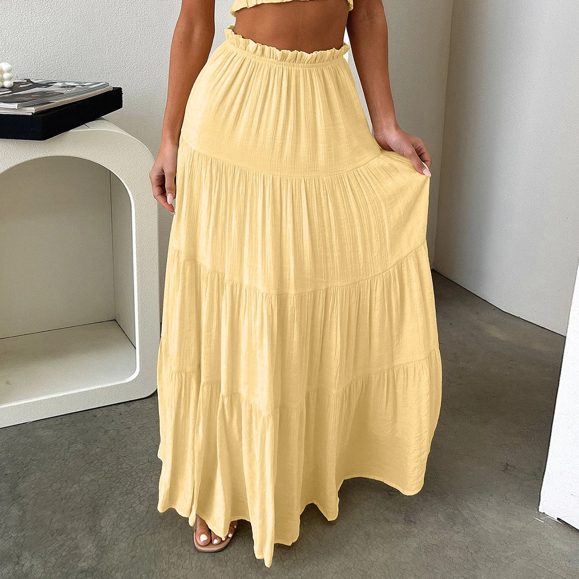 2024 Vintage Chic Hippie Women Ruffle High Elastic Waist Beach Bohemian Skirt Ladies Rayon Cotton Maxi A-Line Boho Skirt