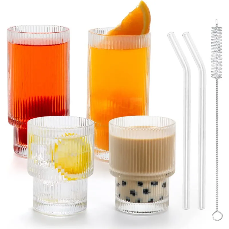 Bar Coffee Juice Ice Cream Milkshake Milk Beer Glasses Cup Transparent Borosilicate Vertical Stripes Whiskey Cocktail Glass Cup