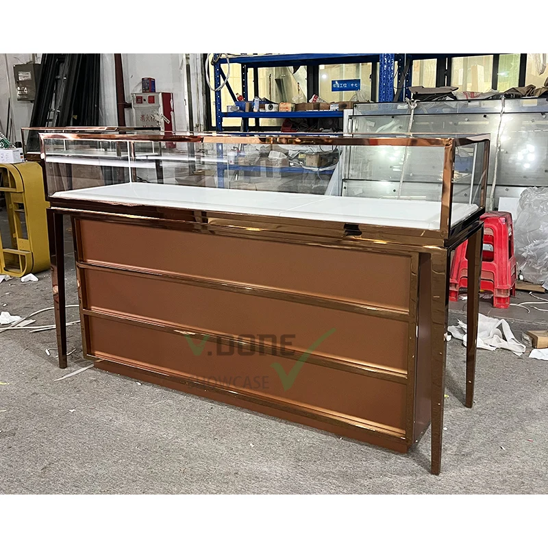 Luxury gold stainless steel jewelry display showcases led lights suppliers for jewelry counter shop showcase