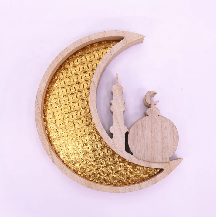 Pafu Islam Mosque Muslim Tray Wooden Rustic Crescent Moon Eid Ramadan Party Food Serving Tableware Dessert Pastry Tray
